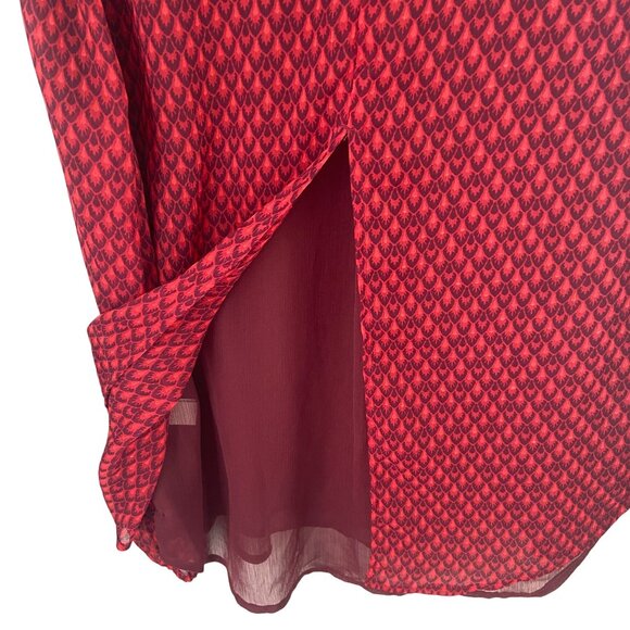 Lucky Brand Red & Black Animal Print Split Neck Blouse Sz Medium Long Sleeves - Picture 3 of 11